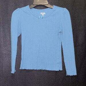 Light Blue Ribbed Long Sleeve Top with Bow Detail